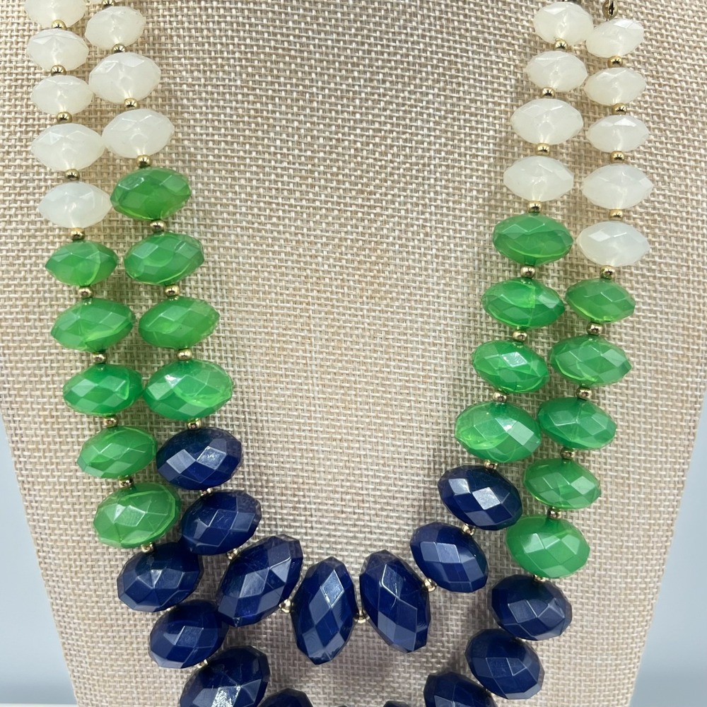 Vintage Retro Multi-Strand Beaded Statement Necklace Green Navy White Gold Tone - Picture 9 of 13